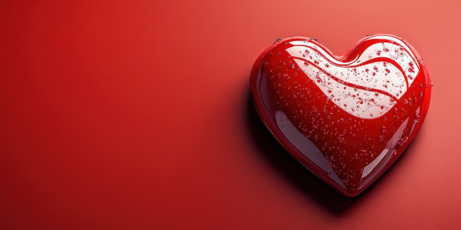 Heart-shaped dessert with a glossy red finish placed on a vibrant red background
